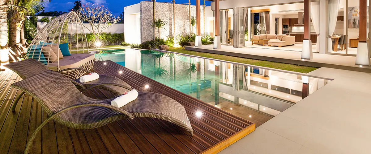 luxury backyard with pool and deck