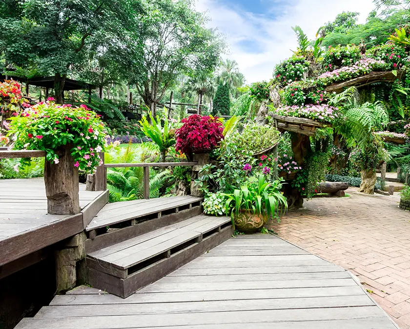 A pvc deck with many plants