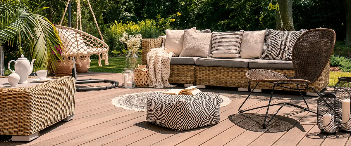A beautiful outdoor living space with a couch, chairs, and swinger on a composite deck