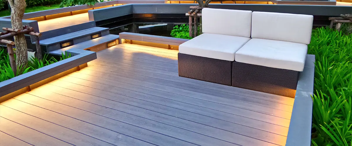 Deck lighting on a fancy deck with a white couch