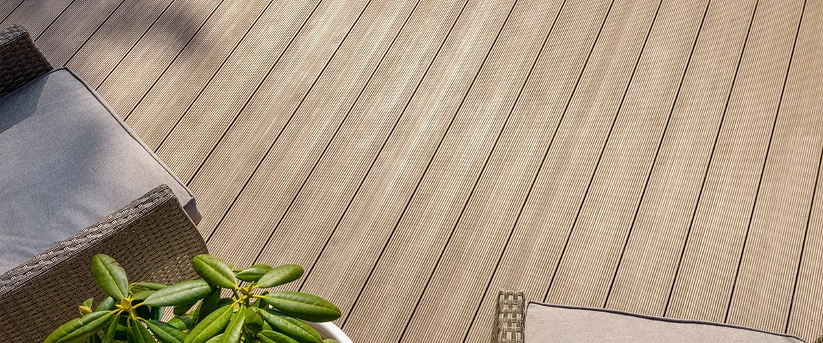 Decking color ideas with a gray and beige hue combined on a composite deck