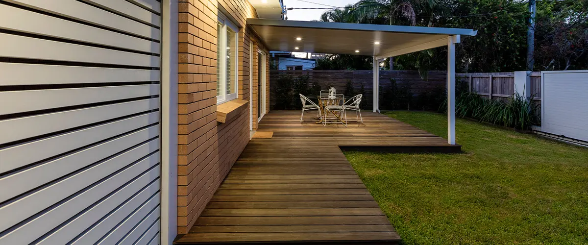 covered wood deck with lights