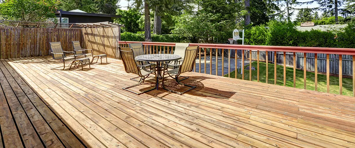 A large pressure treated wood deck