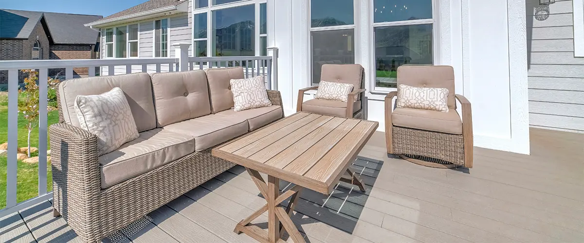 Everything About Vinyl Deck Material Beige vinyl deck material with beige couch and chairs