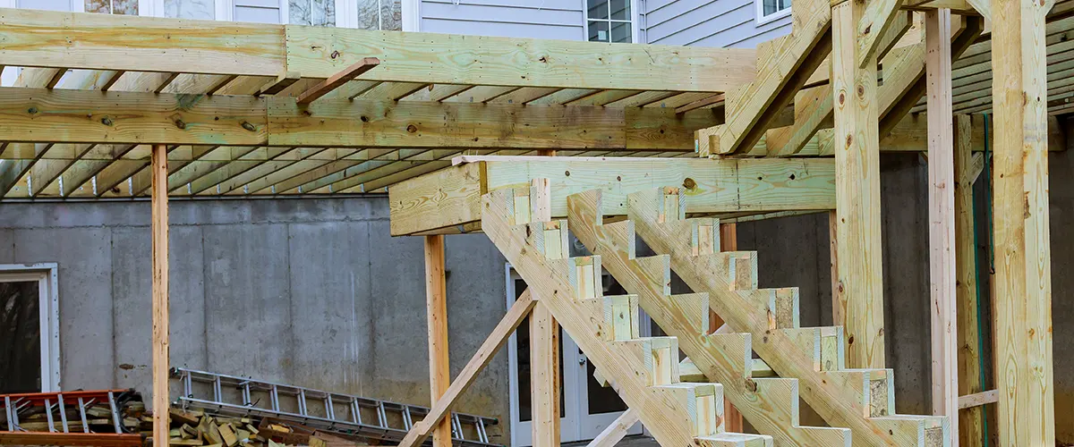 An elevated deck frame with stairs