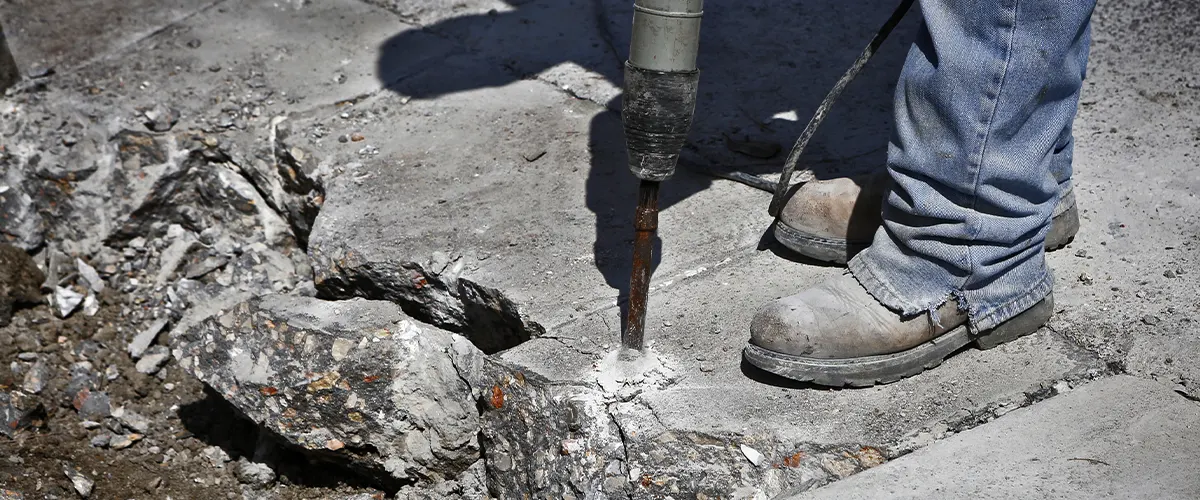 Man using a concrete breaker to destroy concrete