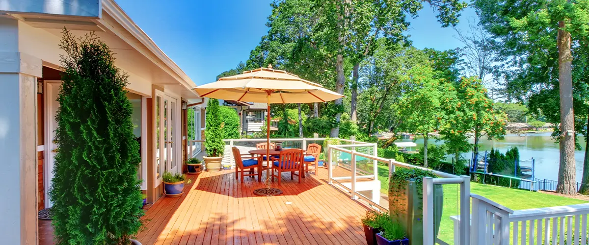 redwood deck near lake