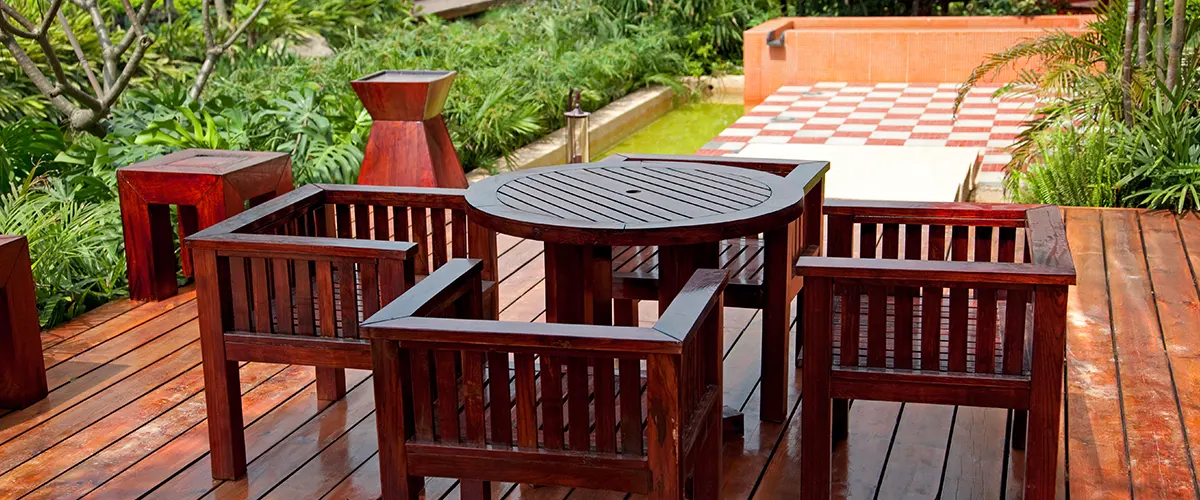 redwood deck with chairs