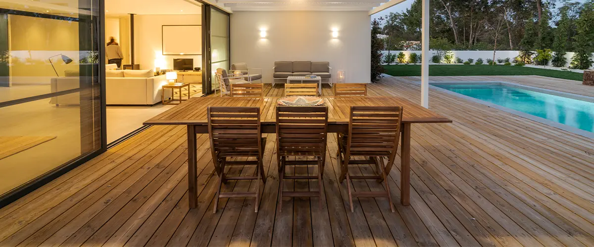 Wood deck near a pool