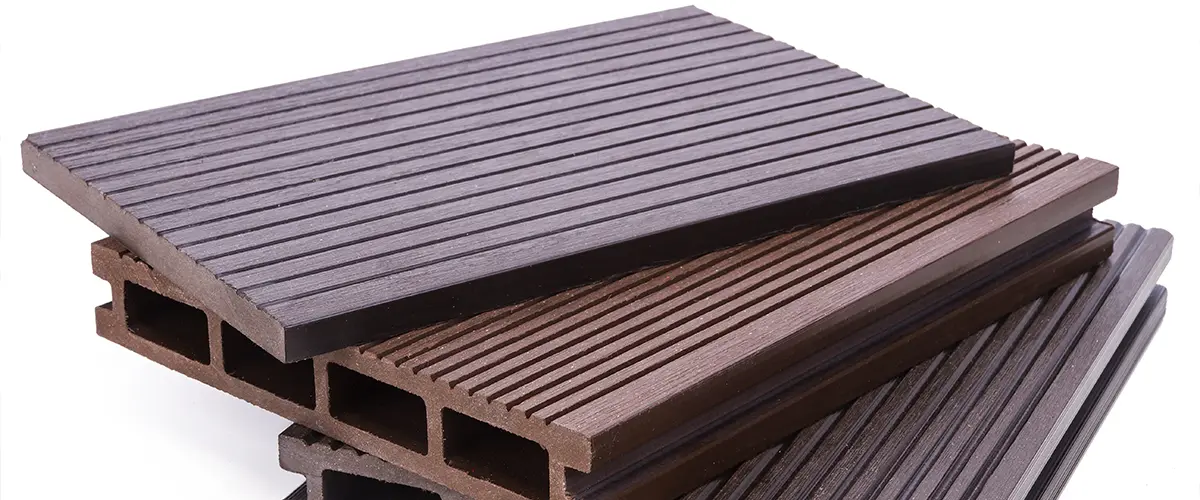Composite decking boards stacked one upon each other