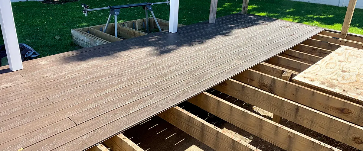 A deck frame of pressure treated wood