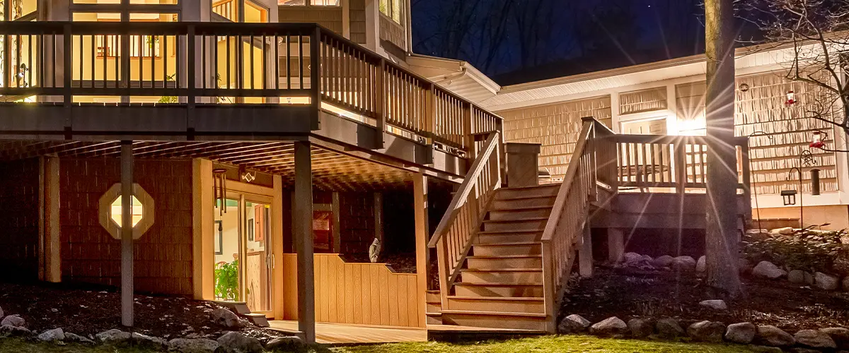 Wooden decking and wood stairs with railing