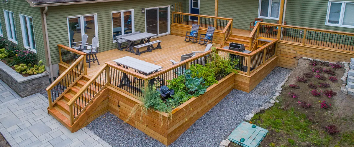 Large wood decking addition in two levels