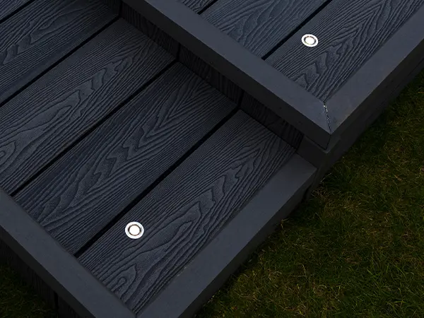 black composite decking with integrated lighting