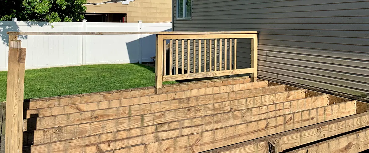 A pressure treated deck with old wood frame and railing