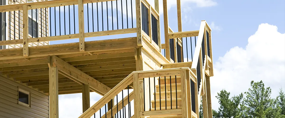 A two level deck made with pressure treated wood