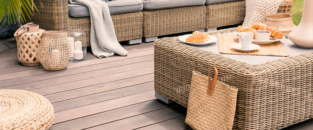 Upscale composite decks with outdoor furniture