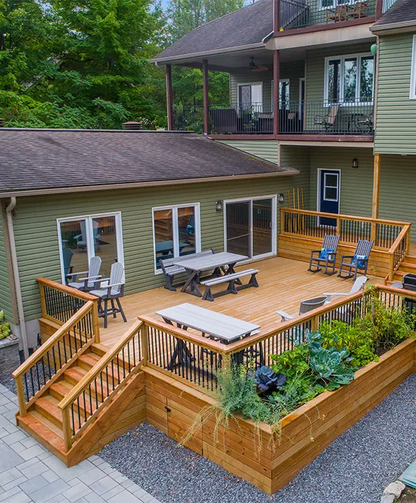 A large cedar deck on multiple levels