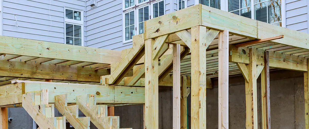 A pressure-treated deck frame on two levels