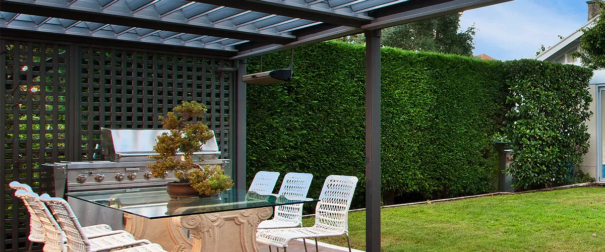 Lattice fence on deck with a roof