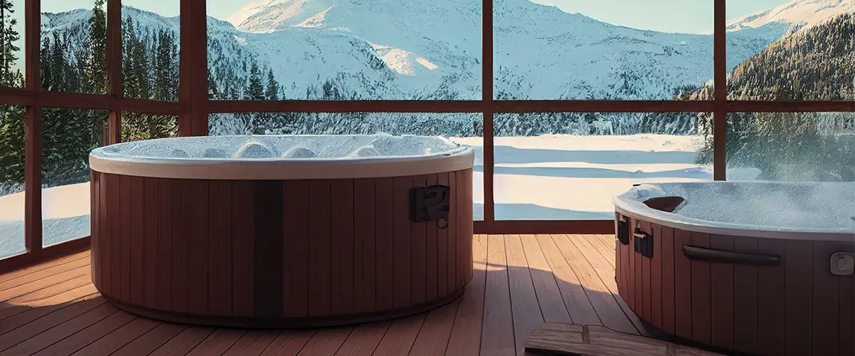hot tub with soft light standing on wooden deck