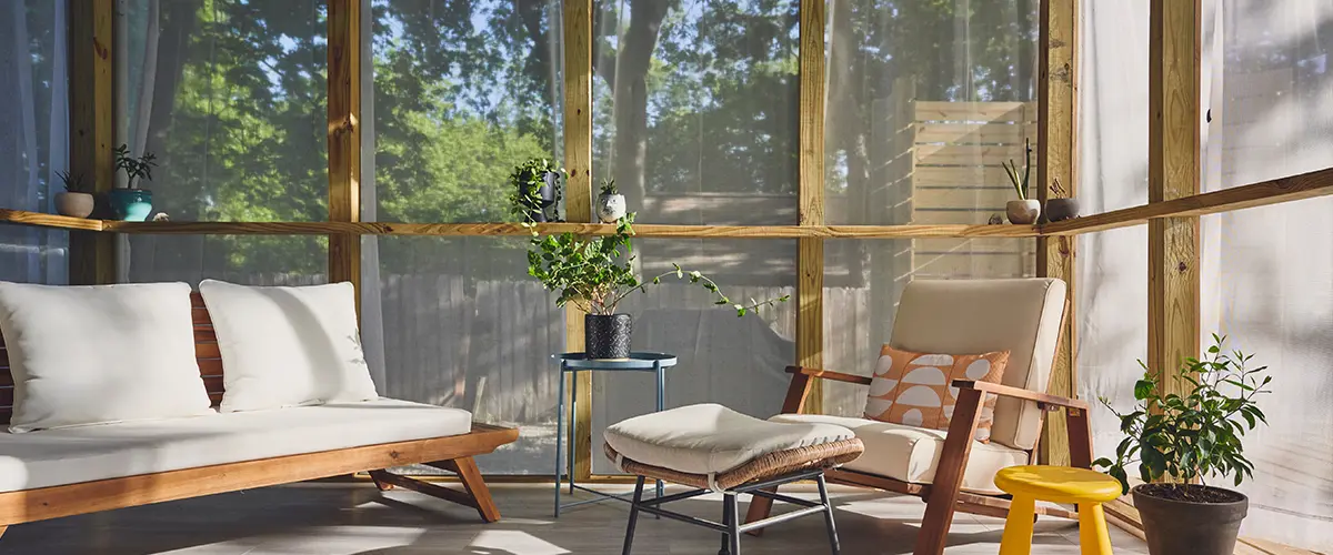 Screened porch with wood frame