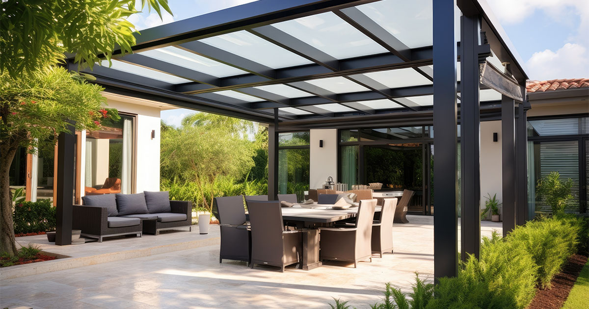 A stylish outdoor patio pergola that allows the sunlight to filter through its metallic structure