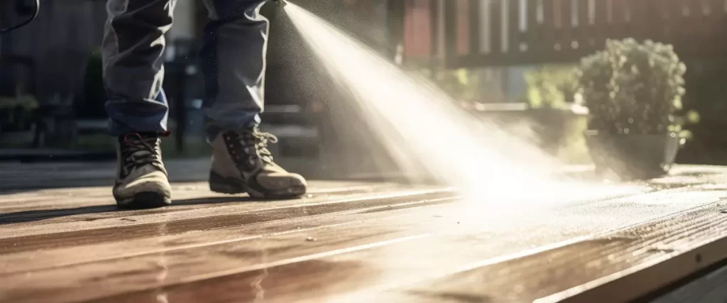 Man cleaning terrace with a power washer - high water pressure