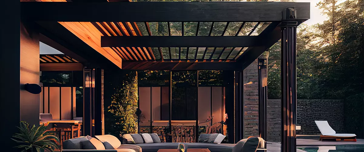 Trendy outdoor patio pergola shade structure, awning and patio roof, garden lounge, chairs, metal grill surrounded by landscaping