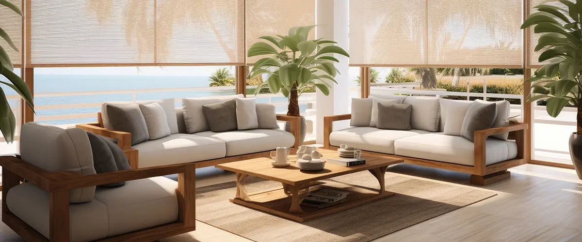 living room with sofas and palm trees
