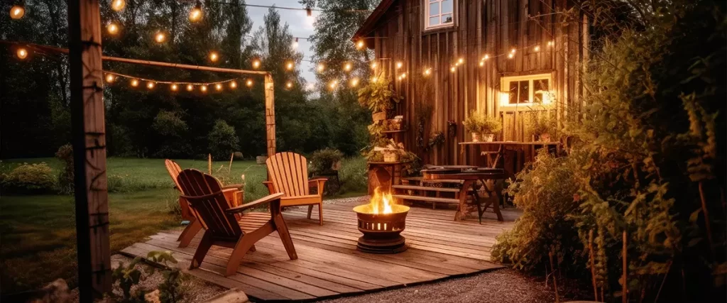 Cozy outdoor patio with a fire pit in the backyard of a wooden cabin in the forest