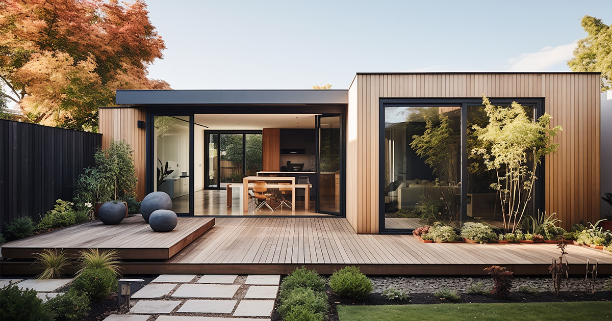 The renovation of a modern home extension in Melbourne includes the deck addition, patio, and courtyard area