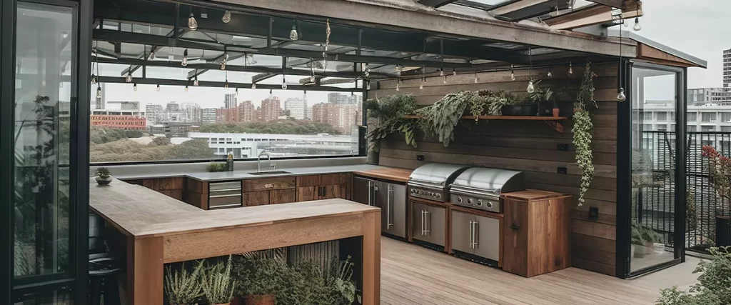 A rooftop patio and an open kitchen with sliding glass doors