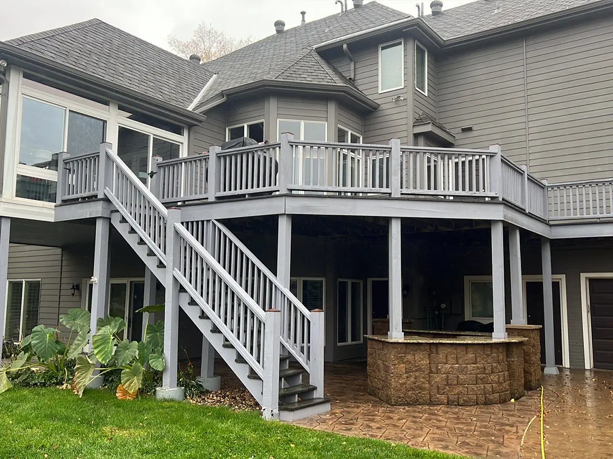 old elevated wood deck stained gray