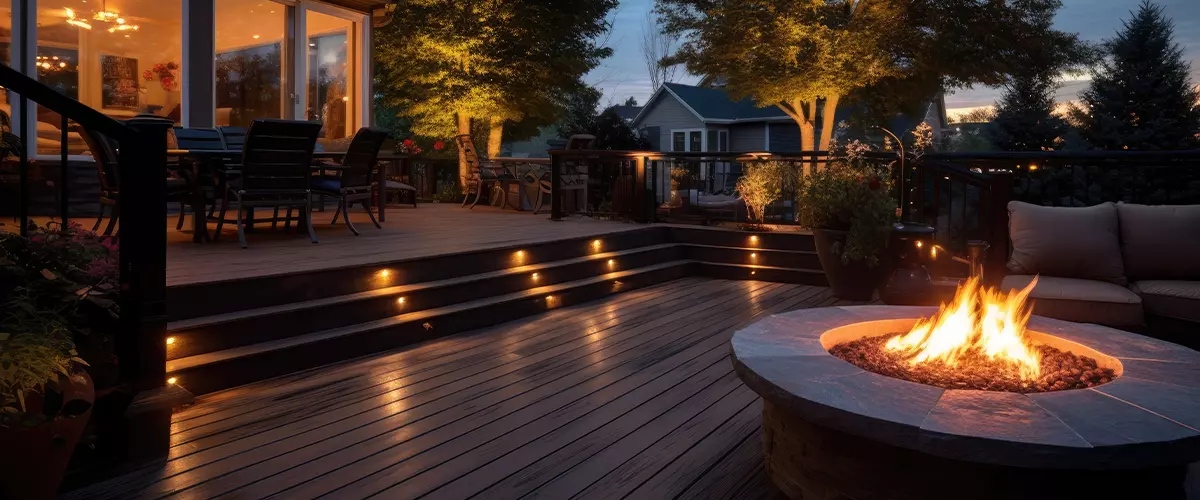 An outdoor deck equipped with a spacious gas fire pit that is openly designed, night scenary with decking lights, table with chairs and bench near the firepit