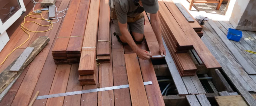A professional carpenter measuring and installing new hardwood decking boards to replace old gray weathered wood during a deck restoration project.