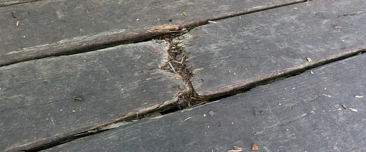 Cracked rotten old wood deck