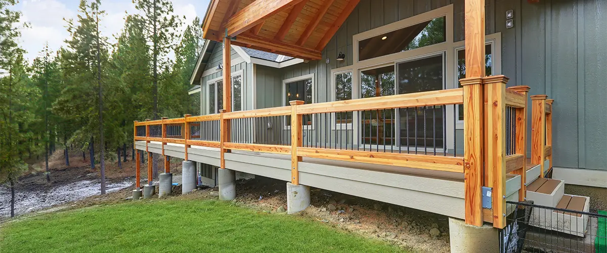 Sturdy deck with wood railing on an uneven terrain.