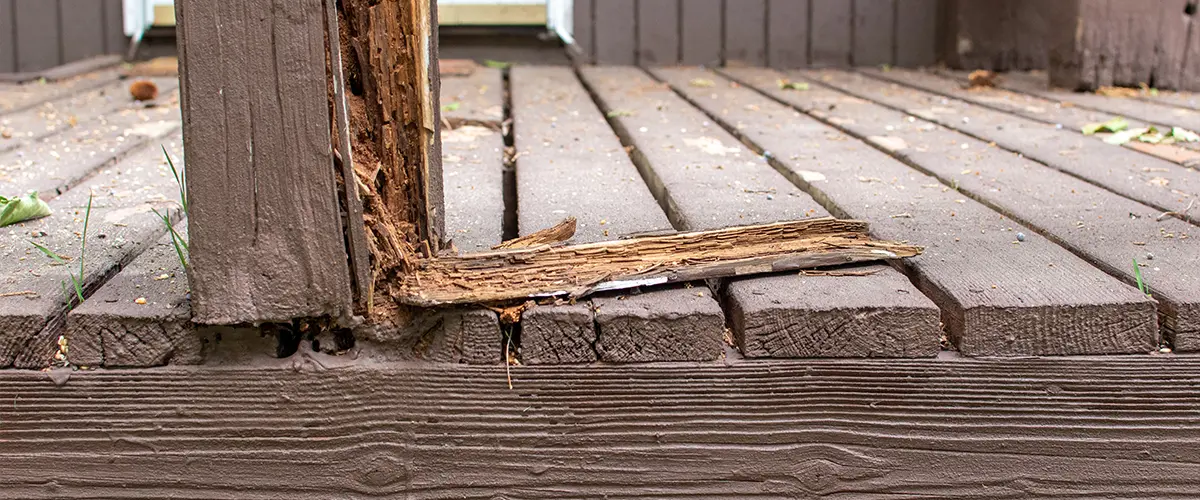 Old rotten damaged deck rail that is falling apart, dangerous and needs repaired or replaced.