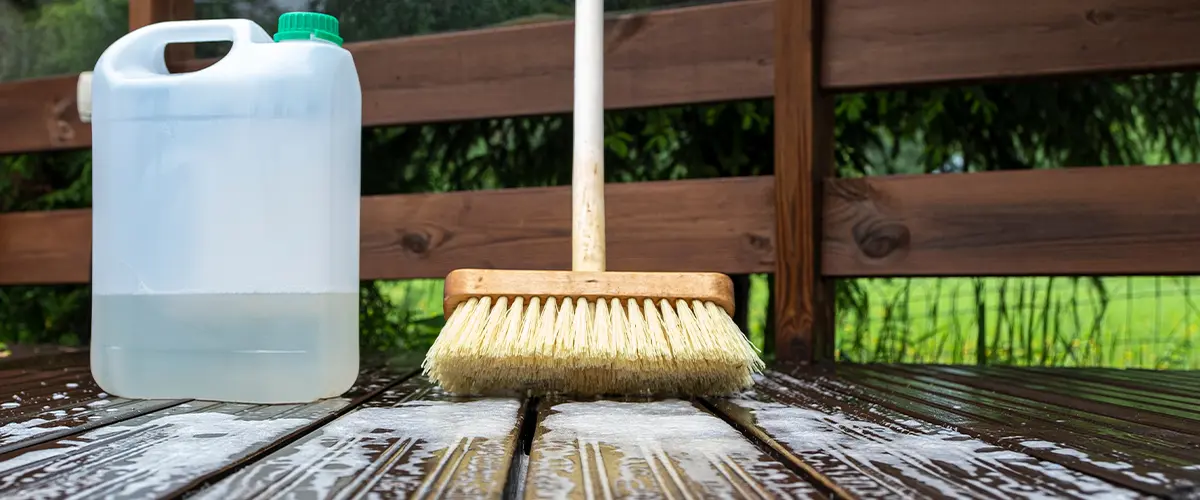 Brush and plastic canister with detergent on a wooden board, wooden terrace. Technologies and tools for cleaning surfaces.