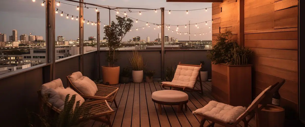 Cozy rooftop deck in Omaha, sealed for longevity, with comfy seating and city views.