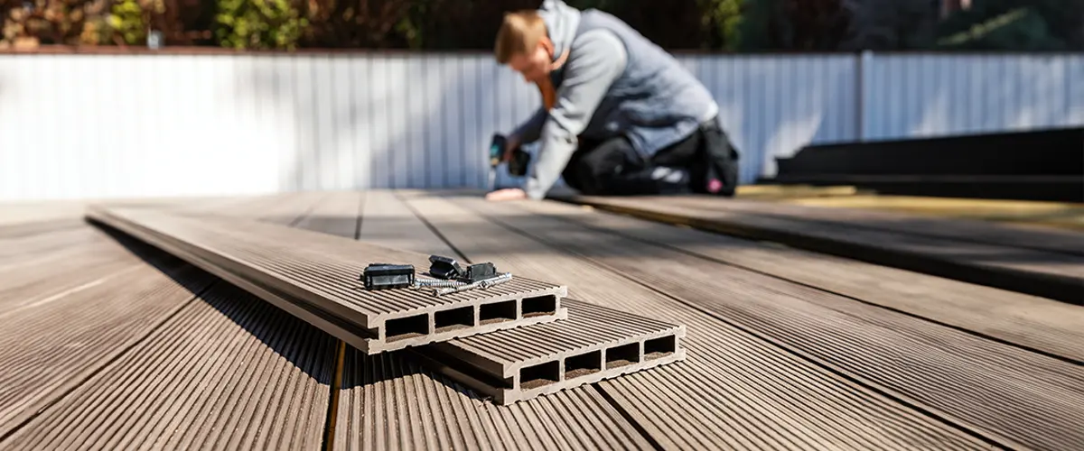 Deck installation in Plattsmouth, progress, featuring close-up of composite deck boards, screws, and a worker using a drill in the background.