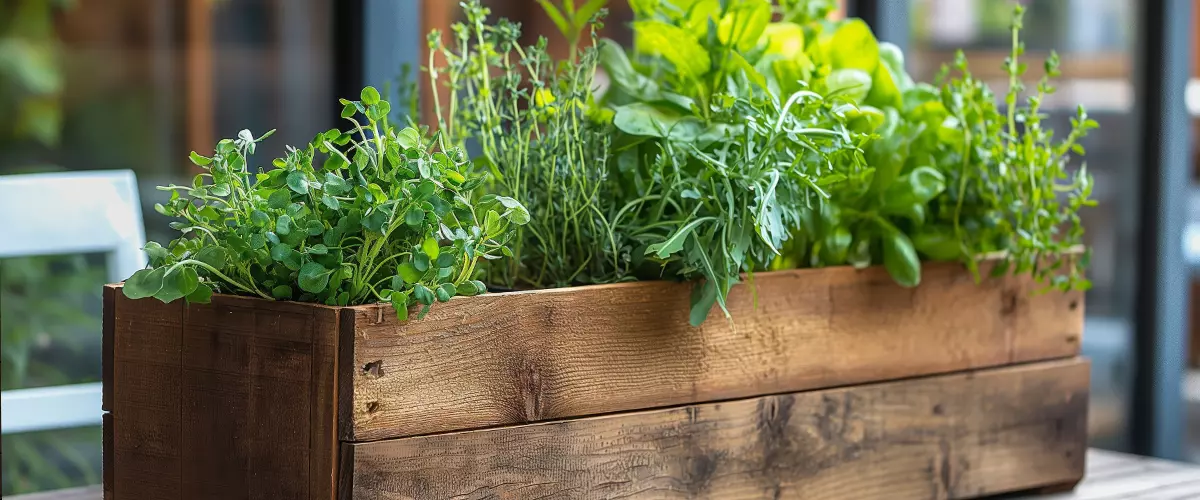 Detailed image showcasing a variety of aromatic herbs growing in a handcrafted wooden planter box on a wooden surface