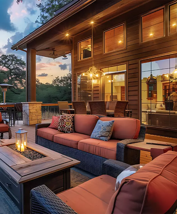 Gorgeous deck with comfortable seating to enjoy ceiling fan a lovely evening outside