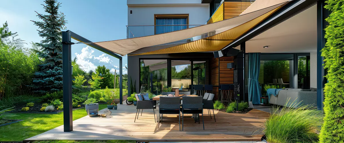 Modern Patio with Wooden Deck and Canopy