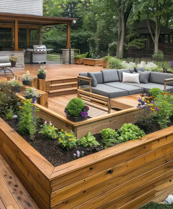 hand-laid wooden deck in a Craftsman garden, featuring built-in seating and planters for an integrated outdoor living space