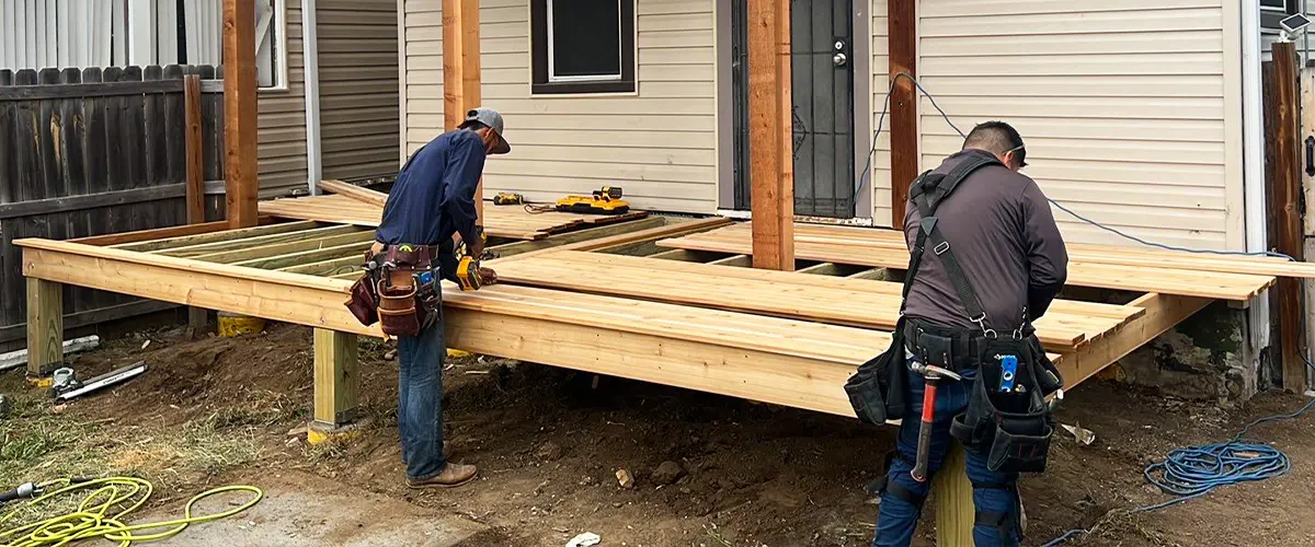 Two construction workers building a wooden deck on the exterior of a house, showing the framework and structural progress.