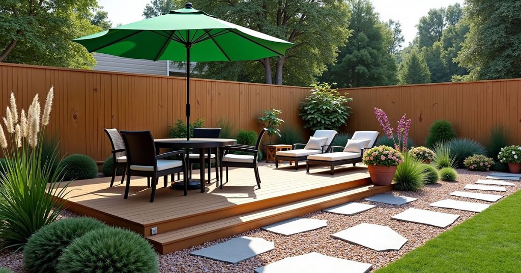 Considerations for Building a Floating Deck Modern backyard floating deck with lounge chairs, dining table, green umbrella, and vibrant landscaping, perfect for outdoor relaxation.