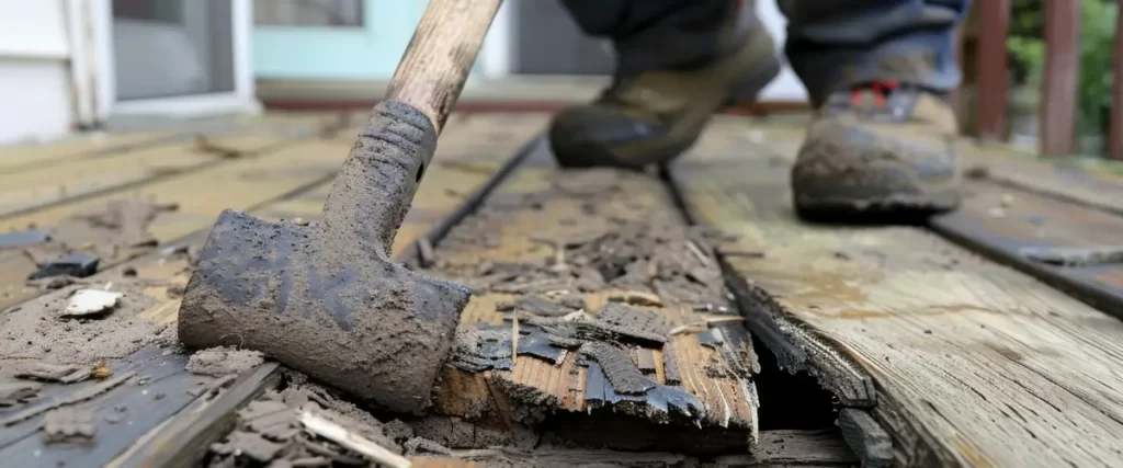 A damaged wooden deck being demolished with a hammer, showing cracked and splintered boards