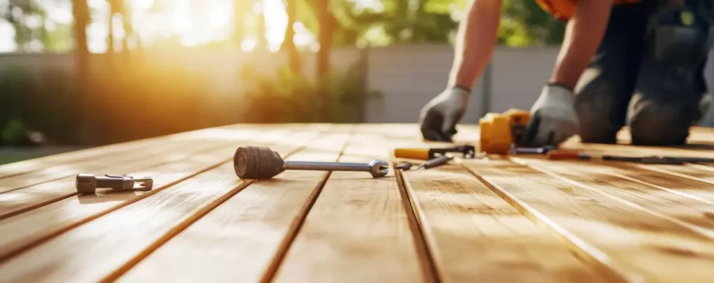 A close-up of tools on a wooden deck with a worker in the background assembling the structure under warm sunlight